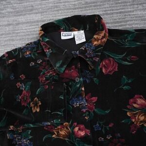 Capacity Knits Women Medium Floral Button Front Top Black Velour Long Sleeve